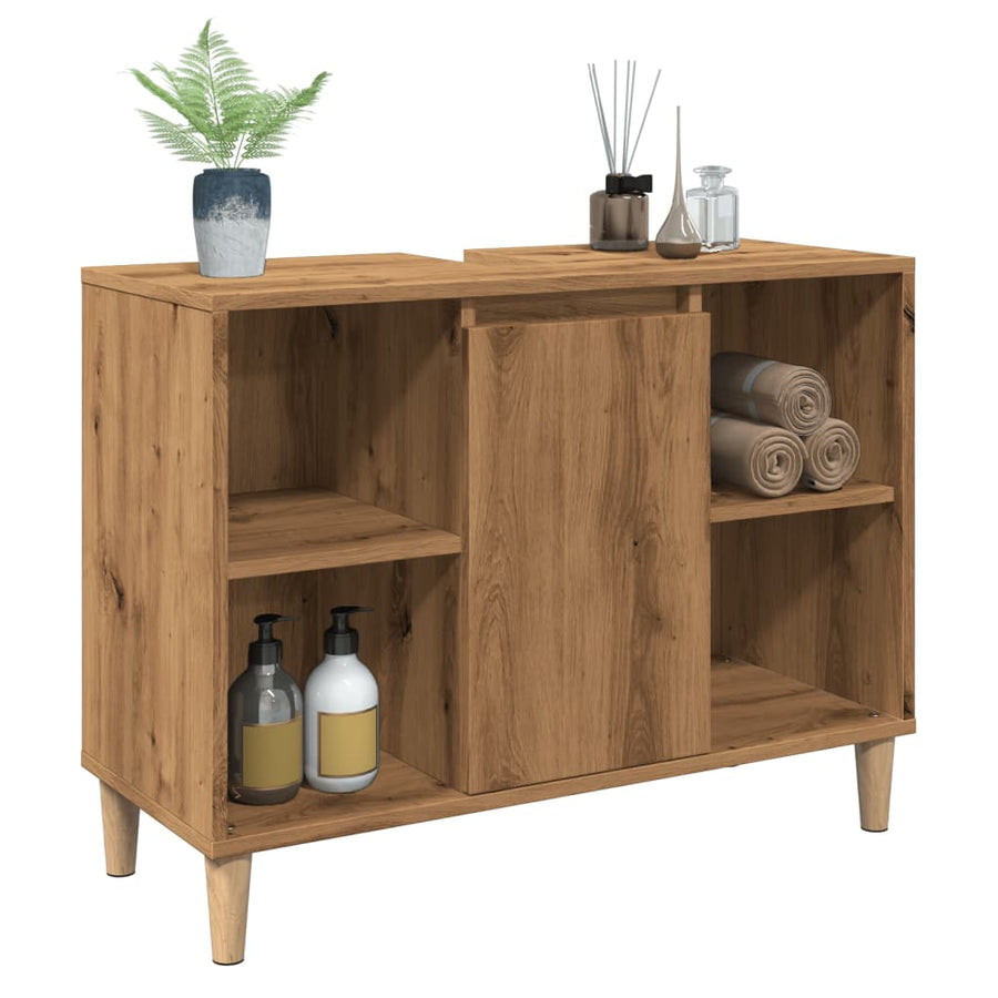Badkamerkast 80x33x60 cm bewerkt hout artisanaal eikenkleur