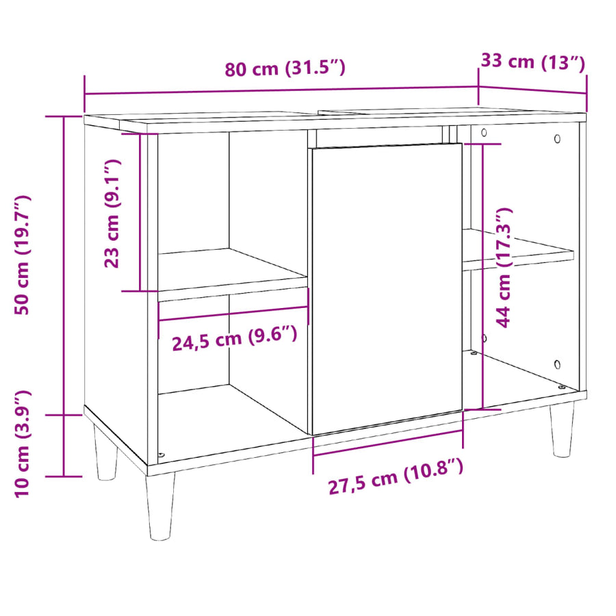 Badkamerkast 80x33x60 cm bewerkt hout artisanaal eikenkleur