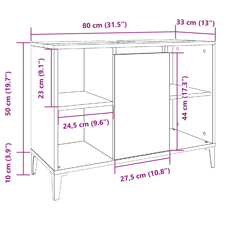 Wastafelkast 80x33x60 cm bewerkt hout artisanaal eikenkleur