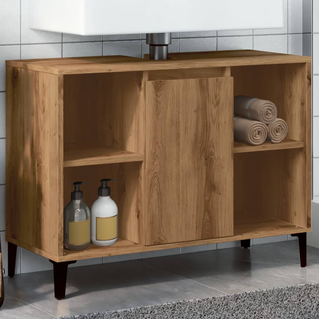 Wastafelkast 80x33x60 cm bewerkt hout artisanaal eikenkleur