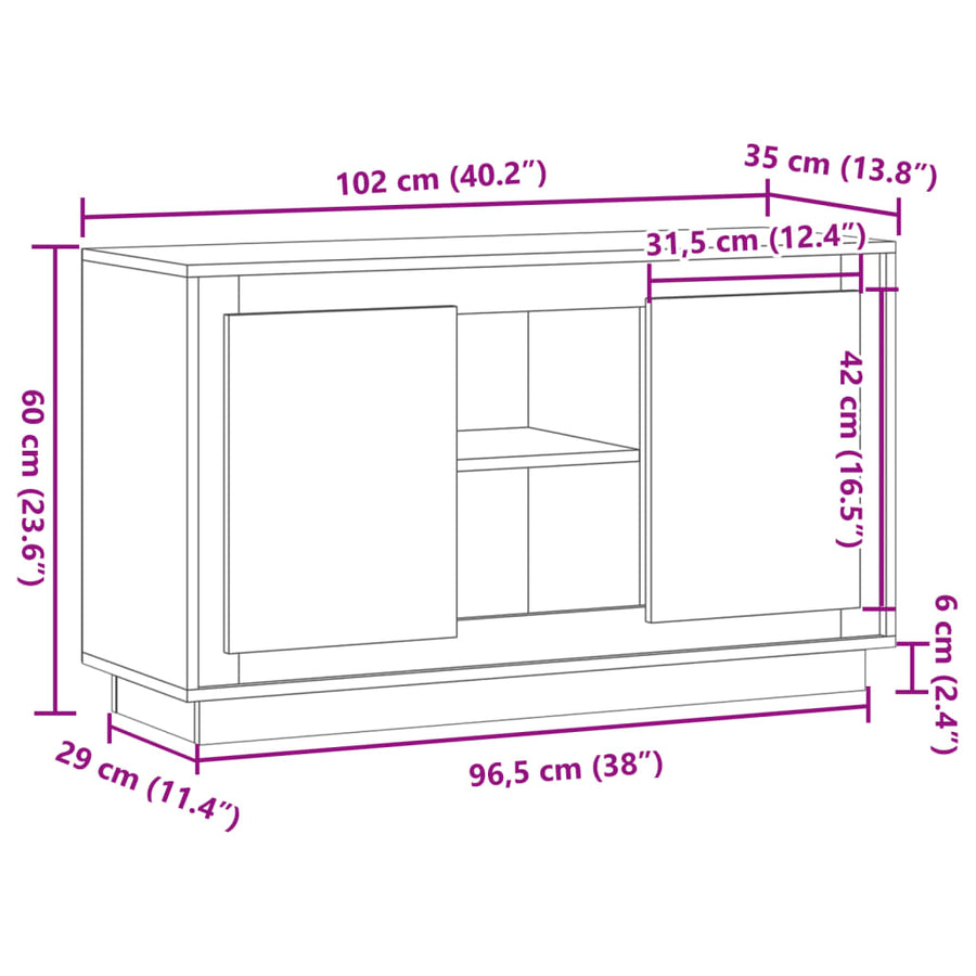 Dressoir 102x35x60 cm bewerkt hout oud houtkleurig