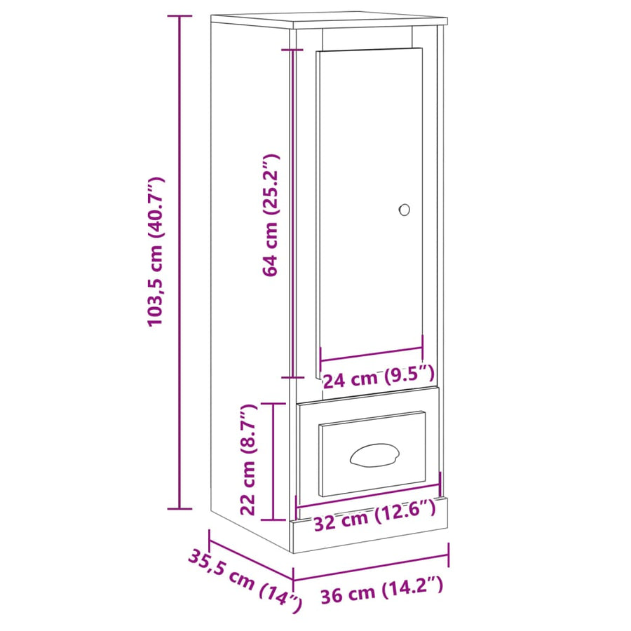Hoge kast 36x35,5x103,5 cm bewerkt hout oud houtkleurig