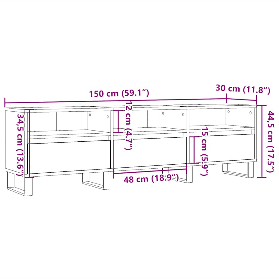 Tv-meubel 150x30x44,5 cm bewerkt hout oud houtkleurig