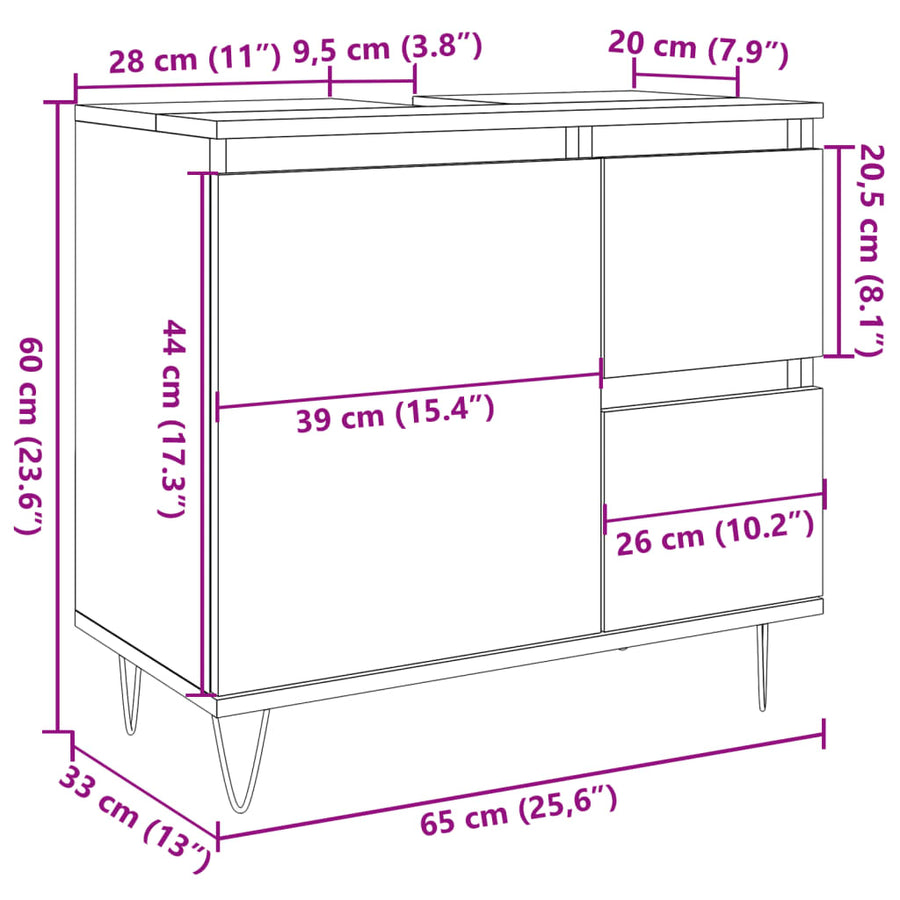 Badkamerkast 65x33x60 cm bewerkt hout oud houtkleurig