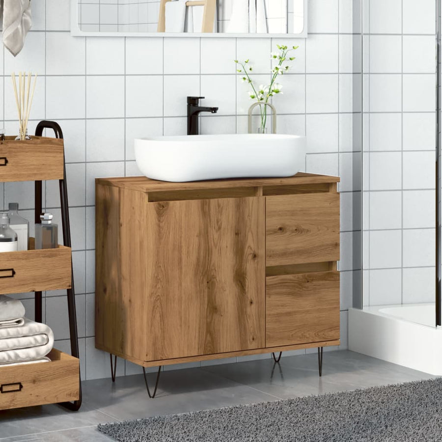 Badkamerkast 65x33x60 cm bewerkt hout artisanaal eikenkleurig
