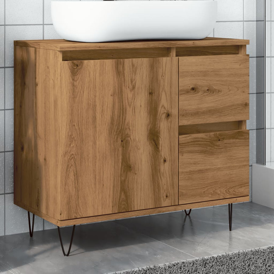 Badkamerkast 65x33x60 cm bewerkt hout artisanaal eikenkleurig