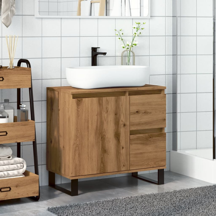 Badkamerkast 65x33x60 cm bewerkt hout artisanaal eikenkleurig