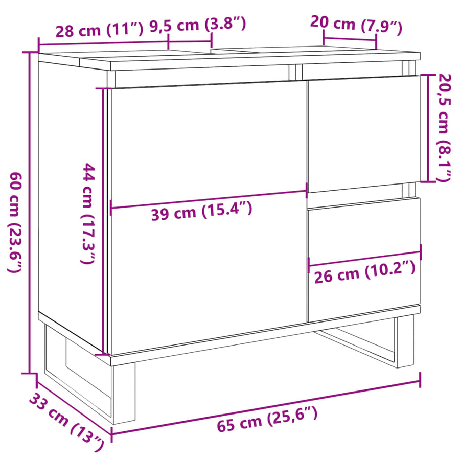 Badkamerkast 65x33x60 cm bewerkt hout artisanaal eikenkleurig