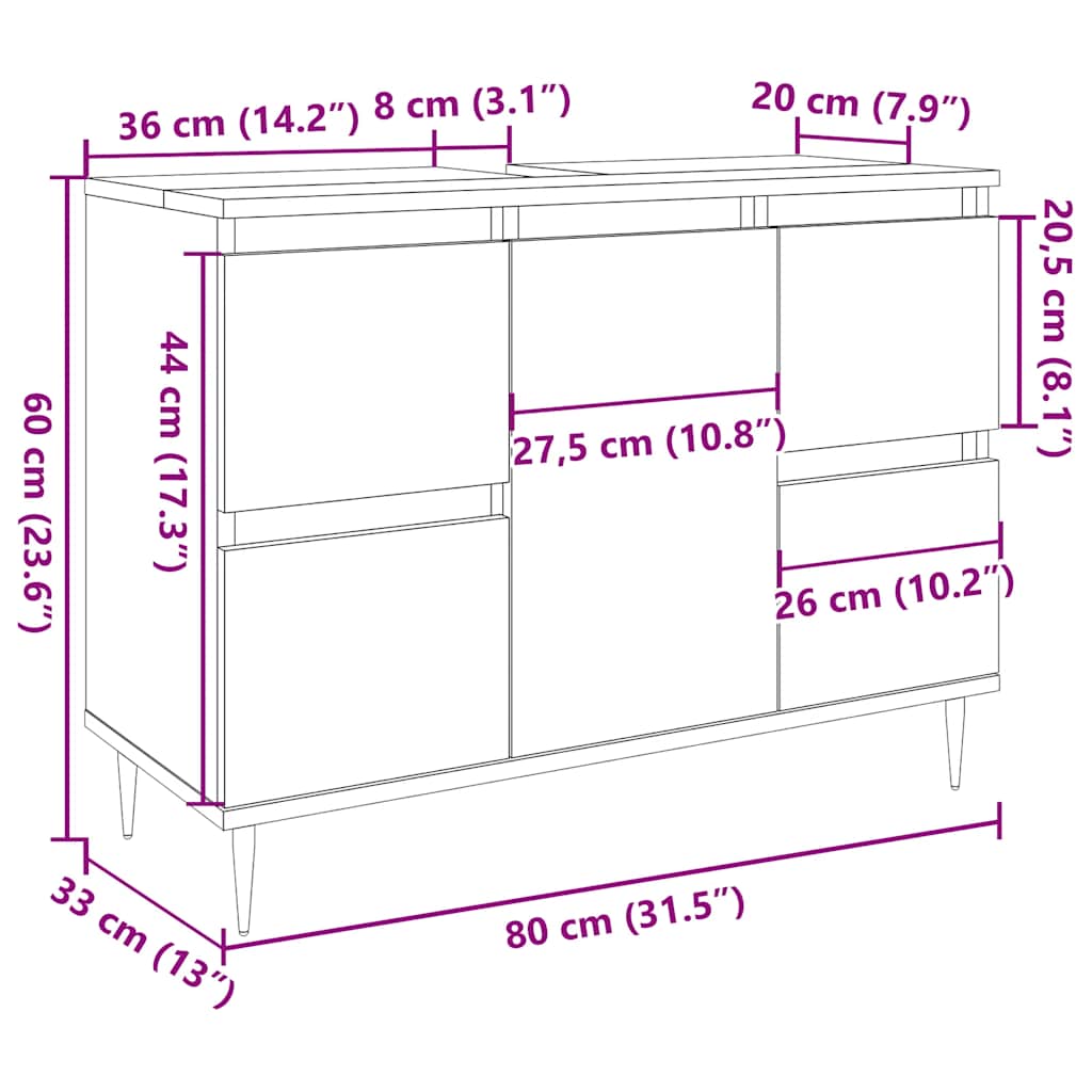 Badkamerkast 80x33x60 cm bewerkt hout betongrijs