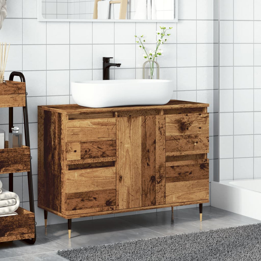 Badkamerkast 80x33x60 cm bewerkt hout oud houtkleurig