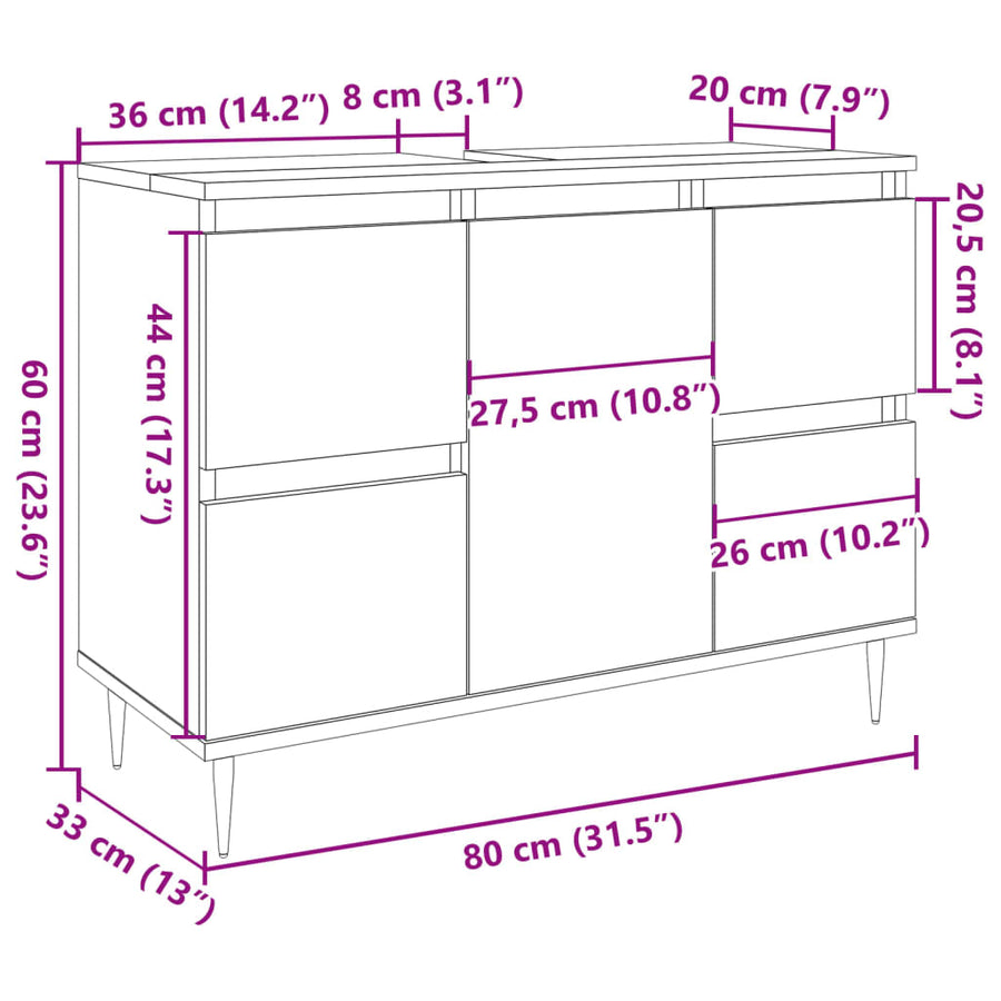 Badkamerkast 80x33x60 cm bewerkt hout oud houtkleurig