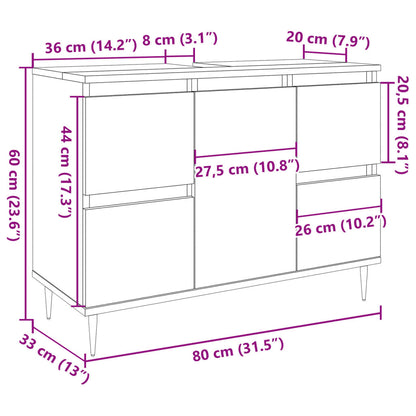 Badkamerkast 80x33x60 cm bewerkt hout artisanaal eikenkleurig
