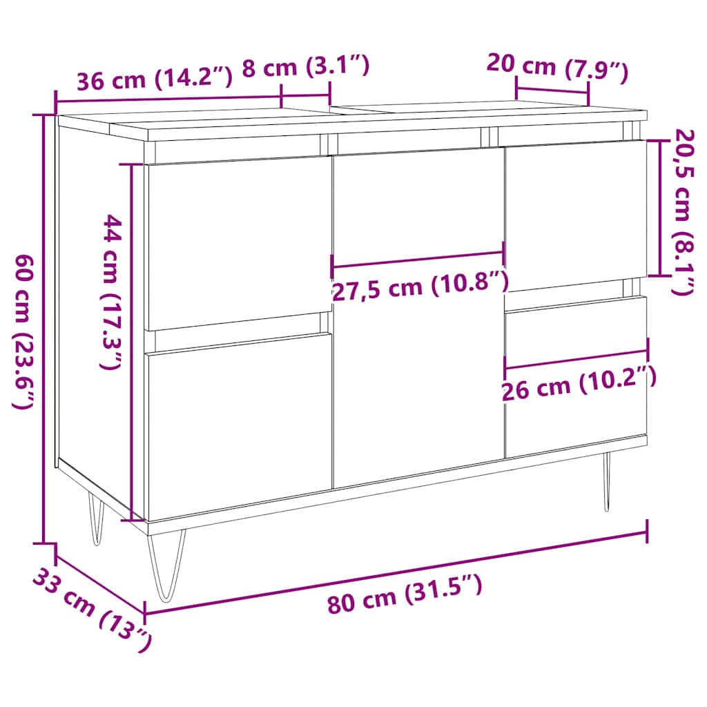 Badkamerkast 80x33x60 cm bewerkt hout betongrijs