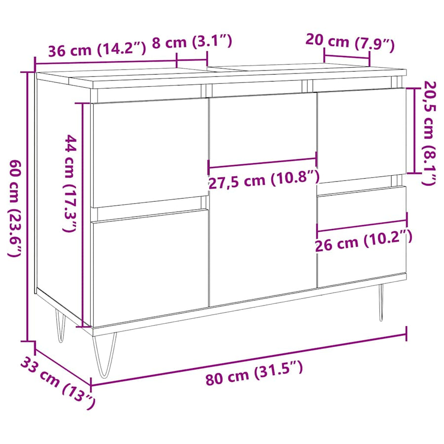 Badkamerkast 80x33x60 cm bewerkt hout betongrijs