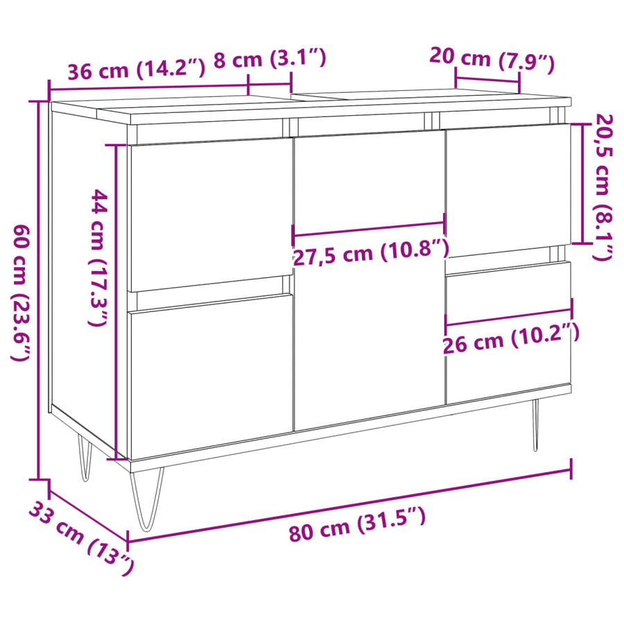 Badkamerkast 80x33x60 cm bewerkt hout oud houtkleurig