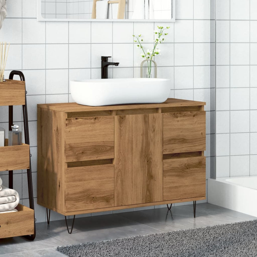 Badkamerkast 80x33x60 cm bewerkt hout artisanaal eikenkleurig
