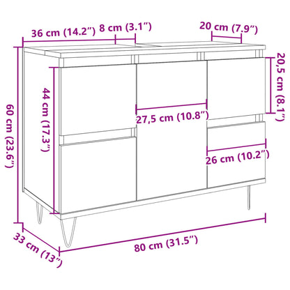 Badkamerkast 80x33x60 cm bewerkt hout artisanaal eikenkleurig