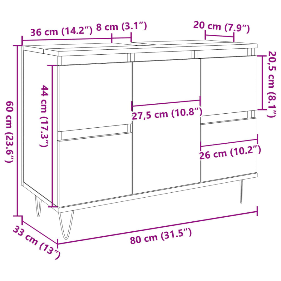 Badkamerkast 80x33x60 cm bewerkt hout artisanaal eikenkleurig