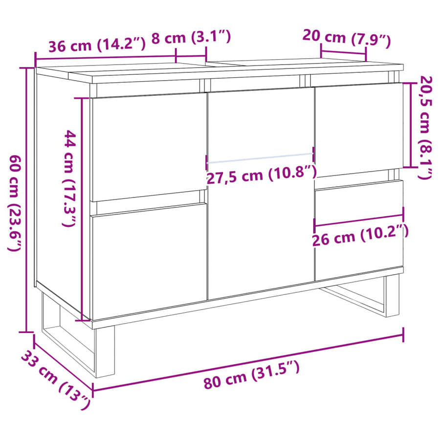 Badkamerkast 80x33x60 cm bewerkt hout betongrijs