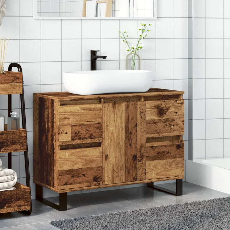 Badkamerkast 80x33x60 cm bewerkt hout oud houtkleurig