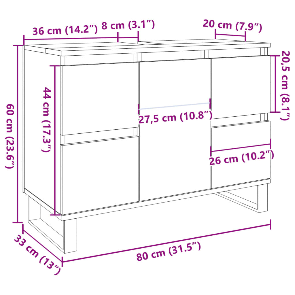 Badkamerkast 80x33x60 cm bewerkt hout oud houtkleurig