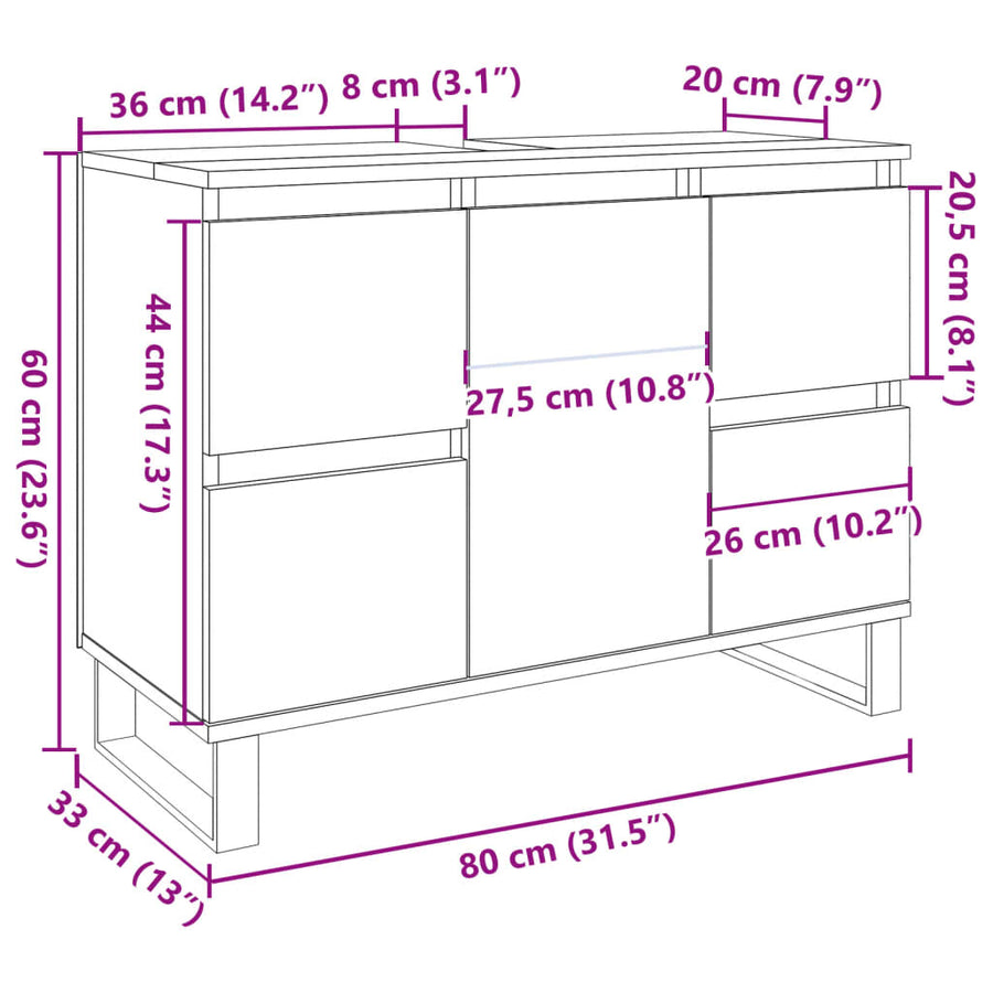 Badkamerkast 80x33x60 cm bewerkt hout oud houtkleurig