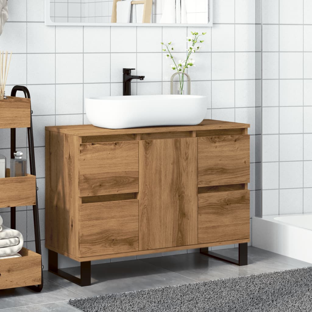 Badkamerkast 80x33x60 cm bewerkt hout artisanaal eikenkleurig
