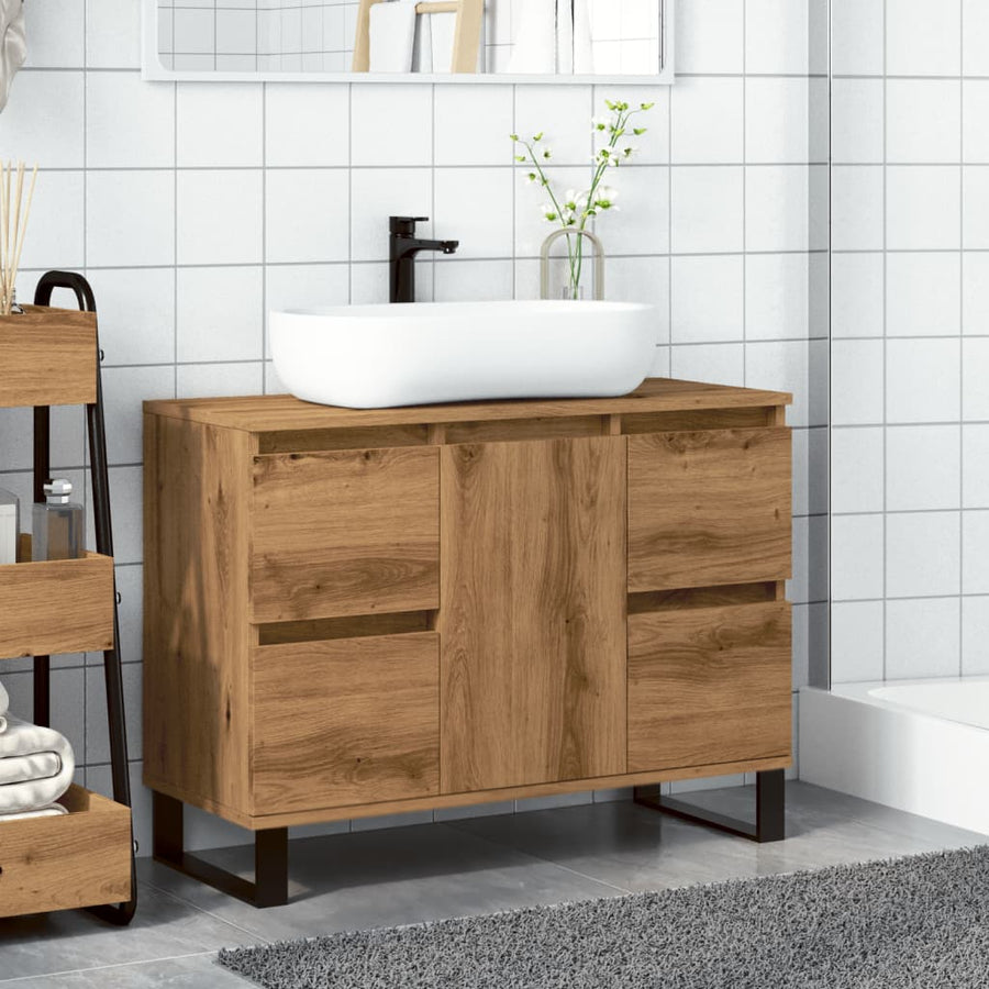 Badkamerkast 80x33x60 cm bewerkt hout artisanaal eikenkleurig