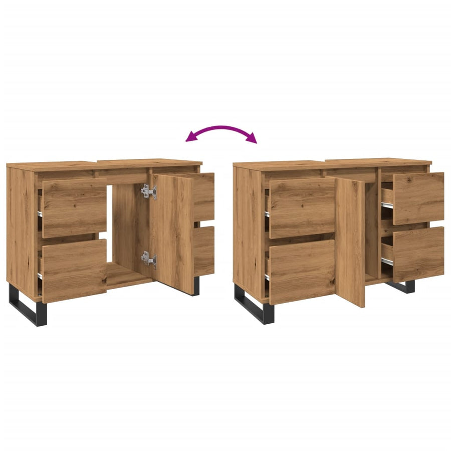 Badkamerkast 80x33x60 cm bewerkt hout artisanaal eikenkleurig