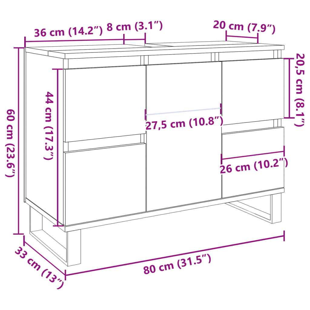 Badkamerkast 80x33x60 cm bewerkt hout artisanaal eikenkleurig