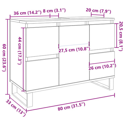 Badkamerkast 80x33x60 cm bewerkt hout artisanaal eikenkleurig