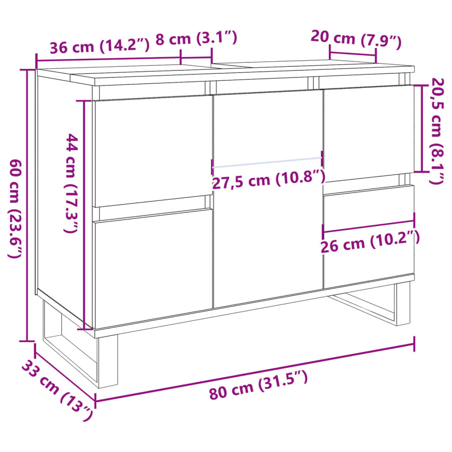 Badkamerkast 80x33x60 cm bewerkt hout artisanaal eikenkleurig