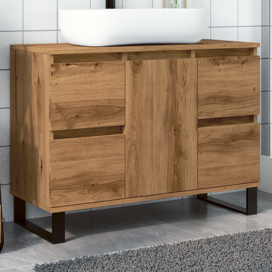 Badkamerkast 80x33x60 cm bewerkt hout artisanaal eikenkleurig