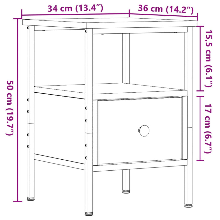 Nachtkastjes 2 st 34x36x50cm bewerkt hout artisanaal eikenkleur