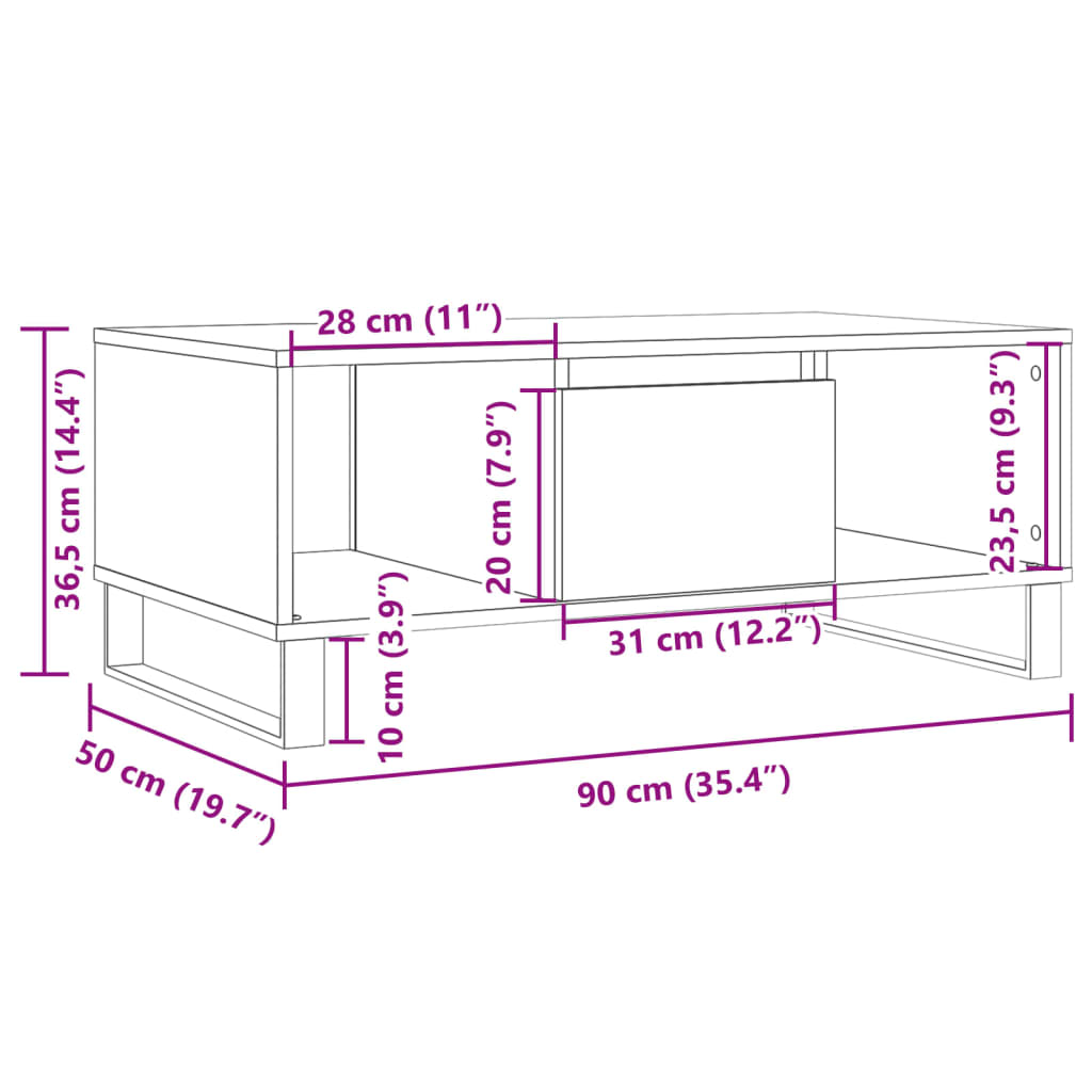 Salontafel 90x50x36,5 cm bewerkt hout artisanaal eikenkleurig