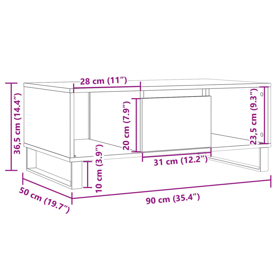 Salontafel 90x50x36,5 cm bewerkt hout artisanaal eikenkleurig
