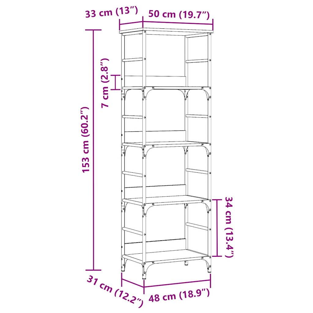 Boekenrek 50x33x153 cm bewerkt hout artisanaal eikenkleurig