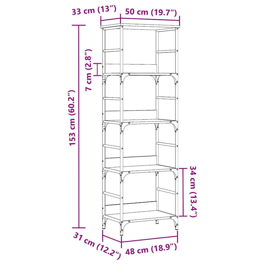Boekenrek 50x33x153 cm bewerkt hout artisanaal eikenkleurig