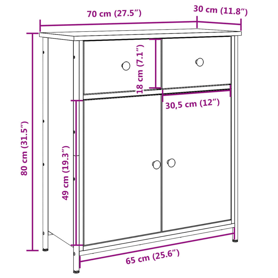 Dressoir 70x30x80 cm bewerkt hout oud houtkleurig