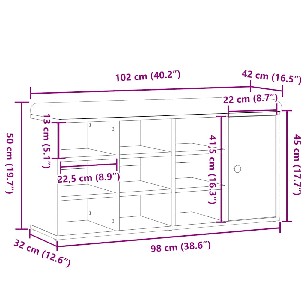 Schoenenbank 102x32x50 cm bewerkt hout artisanaal eikenkleur