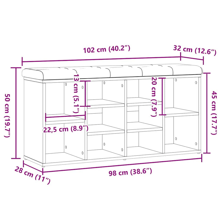 Schoenenbank 102x32x50 cm bewerkt hout artisanaal eikenkleur