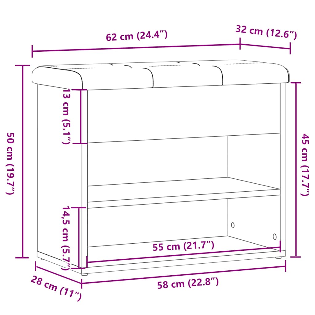 Schoenenbank 62x32x50 cm bewerkt hout oud houtkleurig