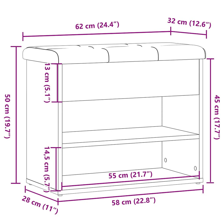 Schoenenbank 62x32x50 cm bewerkt hout oud houtkleurig
