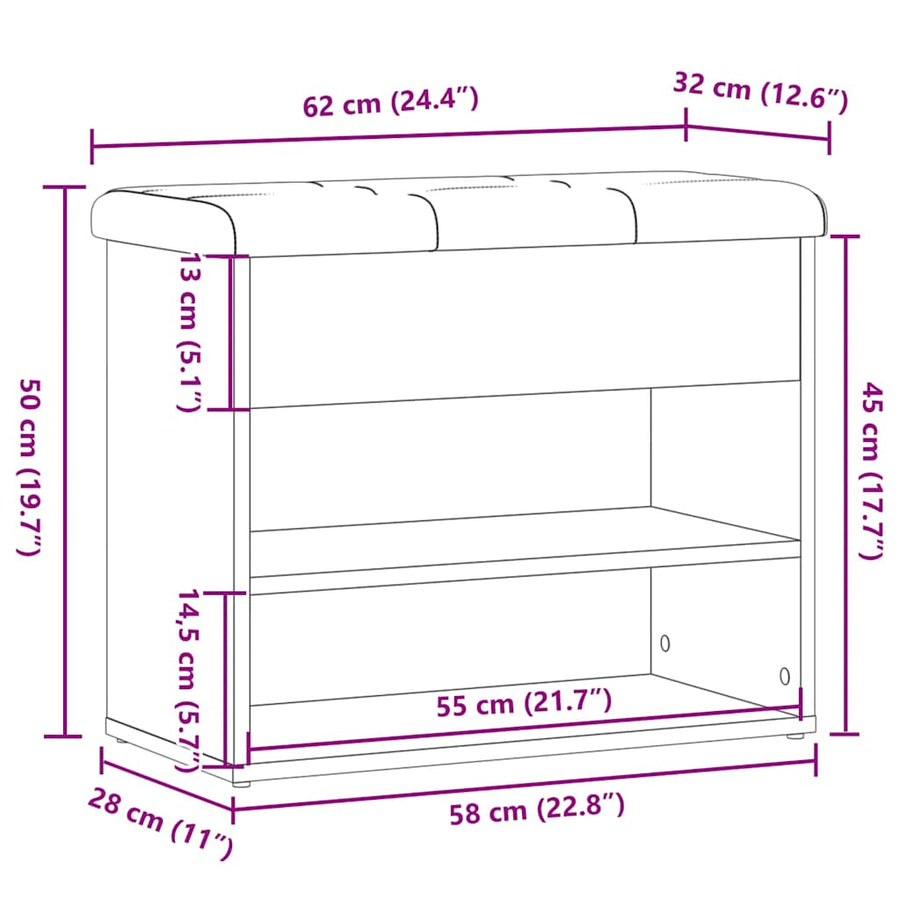 Schoenenbank 62x32x50 cm bewerkt hout artisanaal eikenkleur