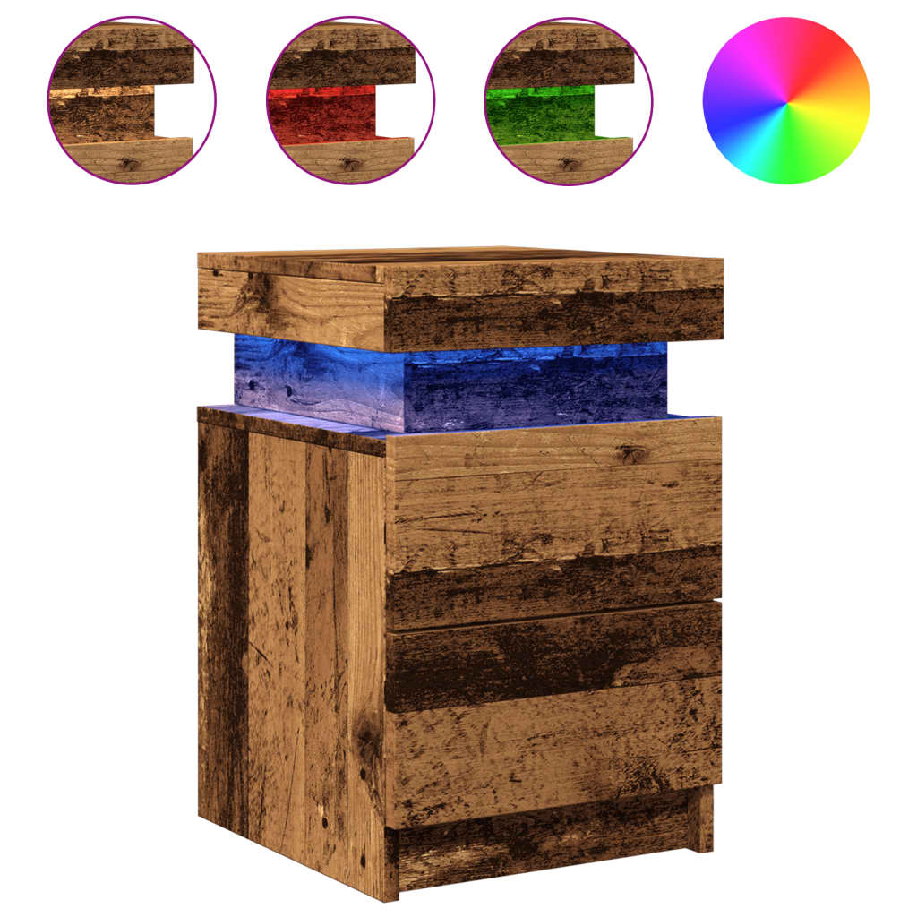 Nachtkastje met LED 35x39x55 cm bewerkt hout oud houtkleurig