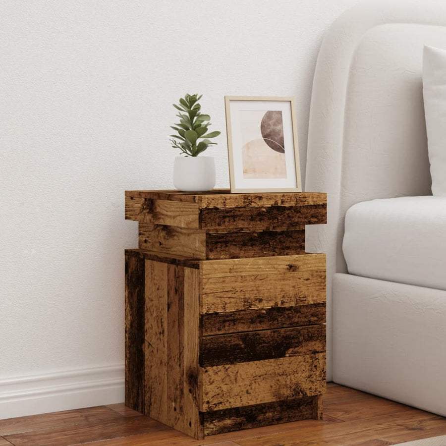 Nachtkastje met LED 35x39x55 cm bewerkt hout oud houtkleurig