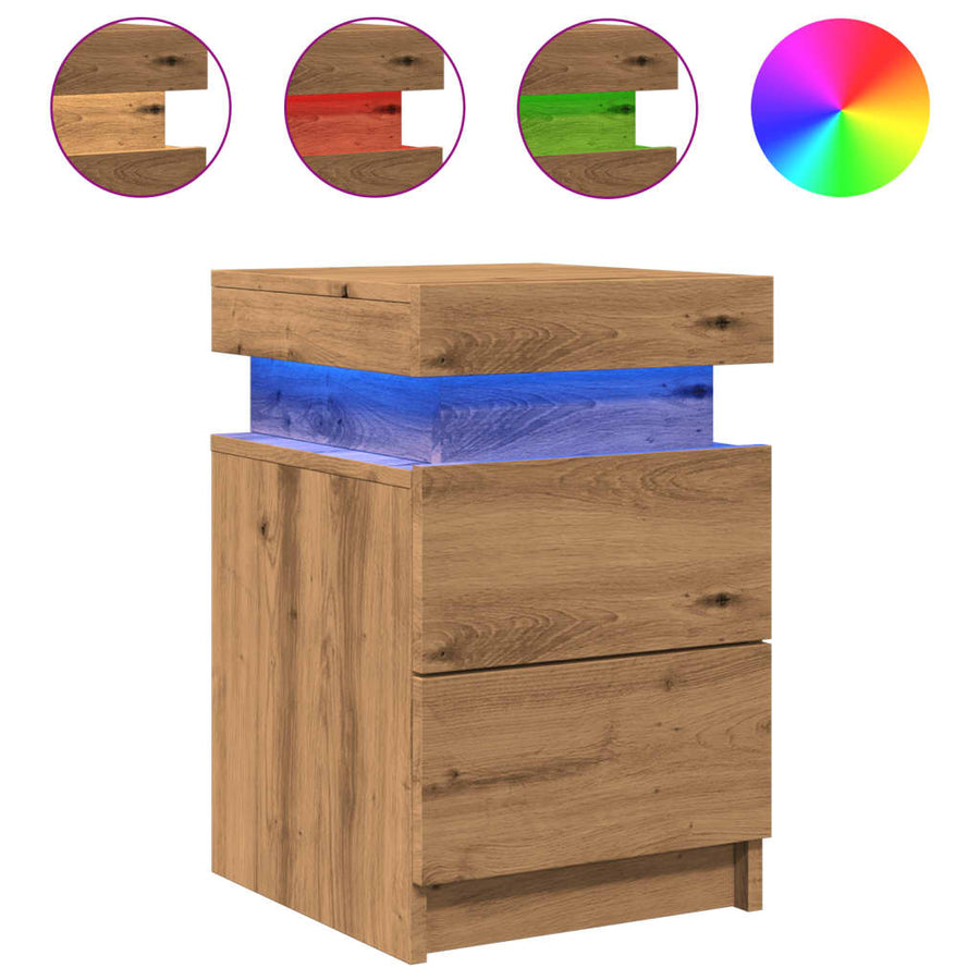 Nachtkastje met LED 35x39x55 cm bewerkt hout artisanaal eiken