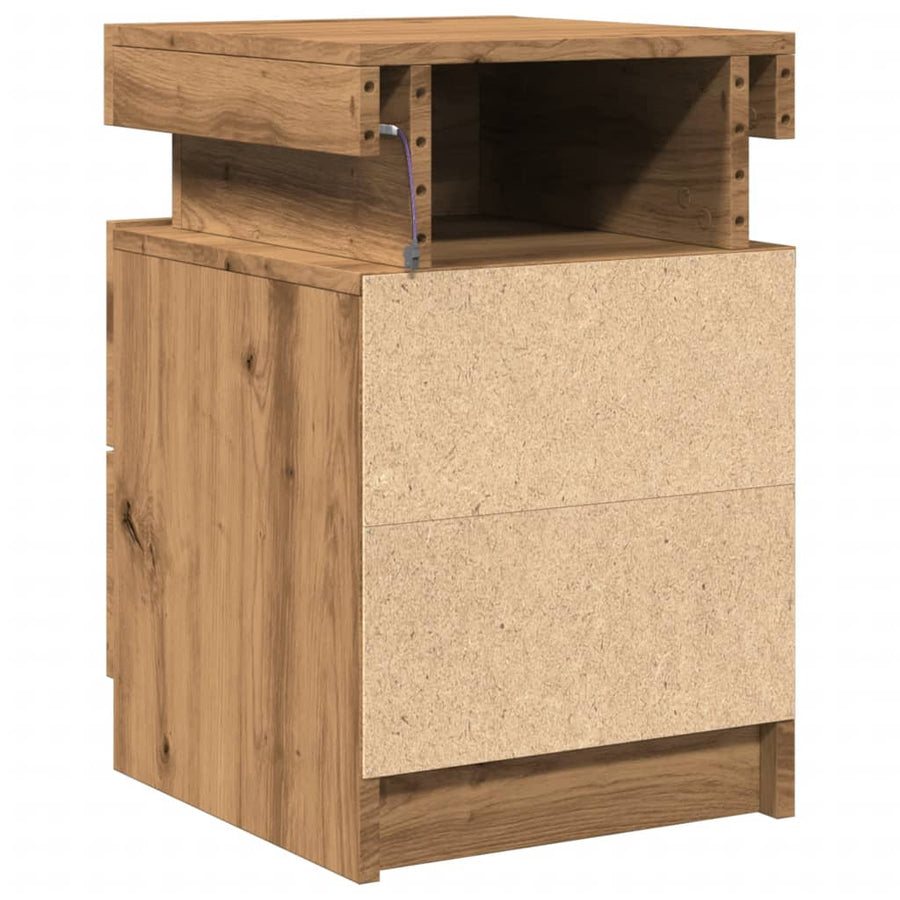 Nachtkastje met LED 35x39x55 cm bewerkt hout artisanaal eiken