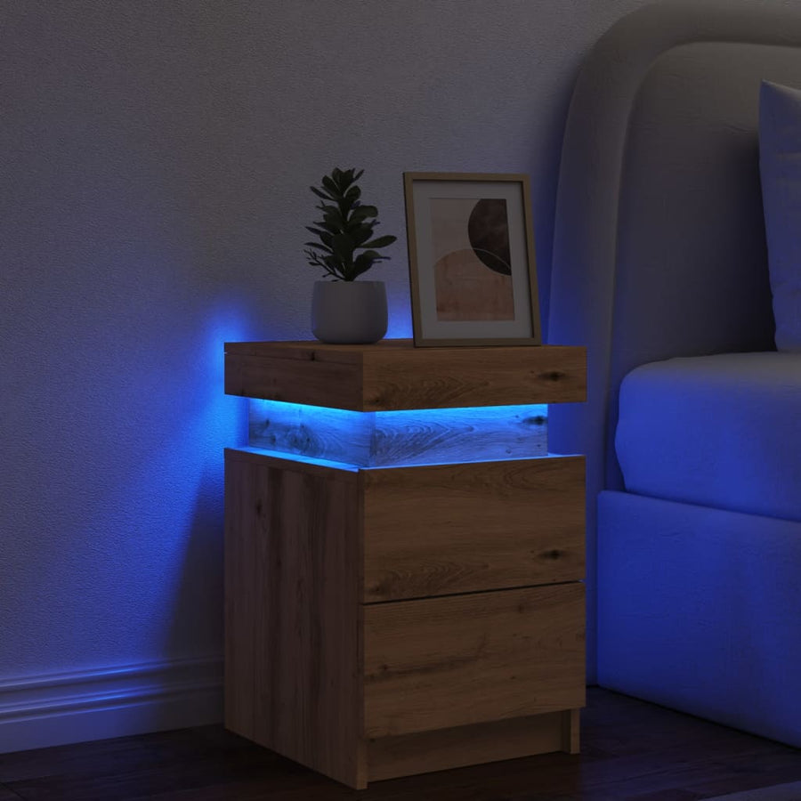 Nachtkastje met LED 35x39x55 cm bewerkt hout artisanaal eiken