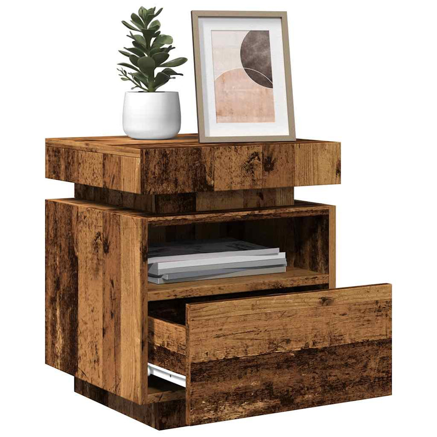Nachtkastje met LED-verlichting 40x39x48,5 cm oud houtkleurig